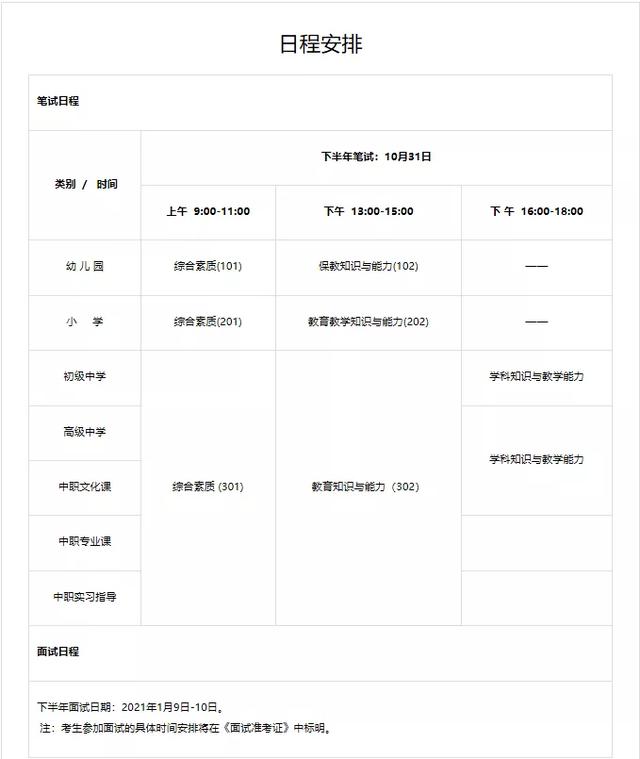 2020年下半年中小学教师资格考试（笔试）日程安排